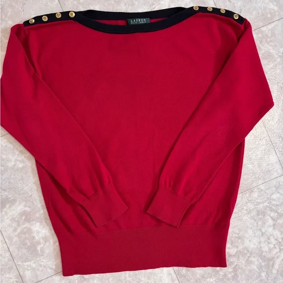 Lauren Ralph Lauren Red Pullover Boat Neck Button Accent Sweater Size Large EUC - Picture 4 of 8